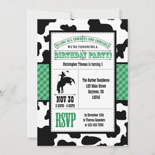 Green Cowhide Cowboy Birthday Invitation