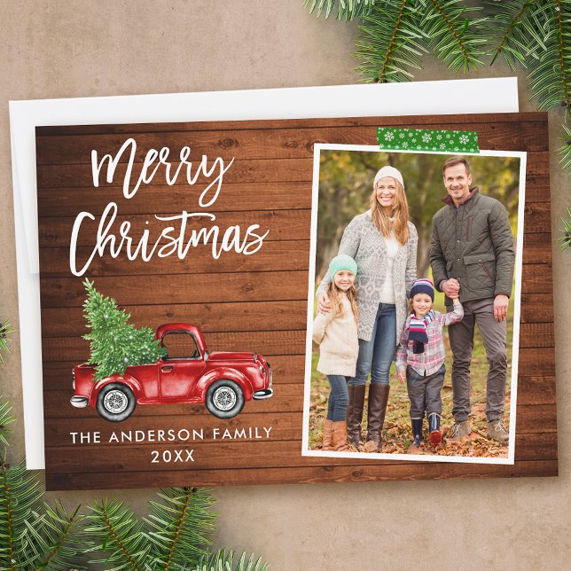 Green Craft Tape Brush Script Truck Wood Christmas Holiday Card (Customize to add text to back of card.)