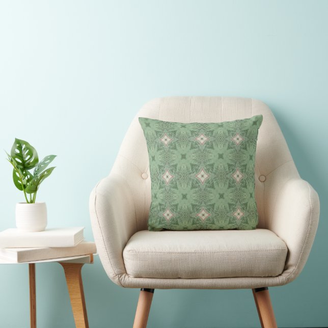 Green, Cream and Pink Leaf Repeat Pattern Throw Pillow (Chair)