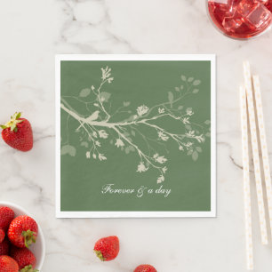 Green Cream Bird Branches Floral Wedding Napkins