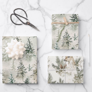 Green Cream Christmas Trees Deer Wrapping Paper Sheets