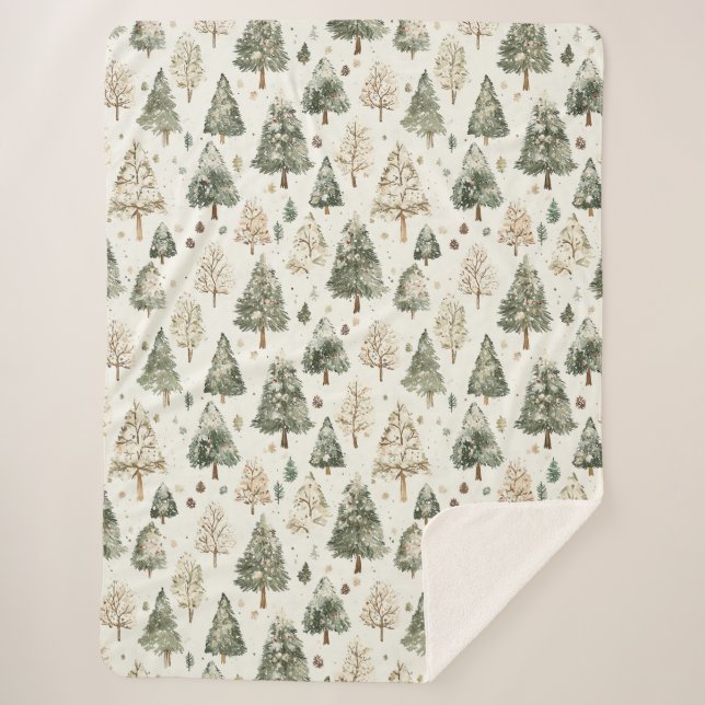 Green Cream Christmas Trees Sherpa Blanket (Front)
