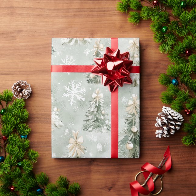 Green Cream Christmas Trees Snowflakes Wrapping Paper (Holiday Gift)
