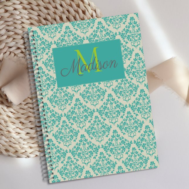Green Cream Damask Cute Girly Trendy Monogram Planner (Creator Uploaded)