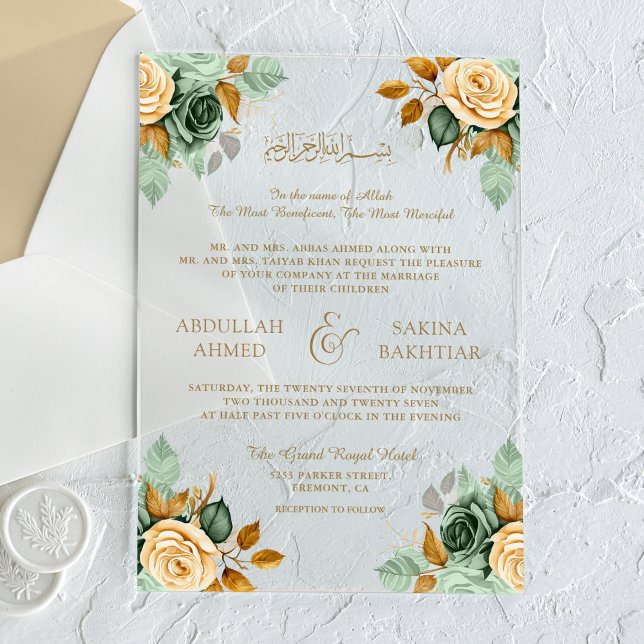 Green Cream Floral Gold Muslim Wedding Acrylic Invitations (Creator Uploaded)