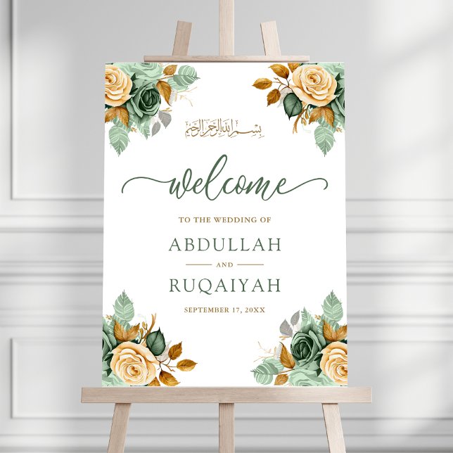Green Cream Floral Muslim Wedding Welcome Sign (Creator Uploaded)