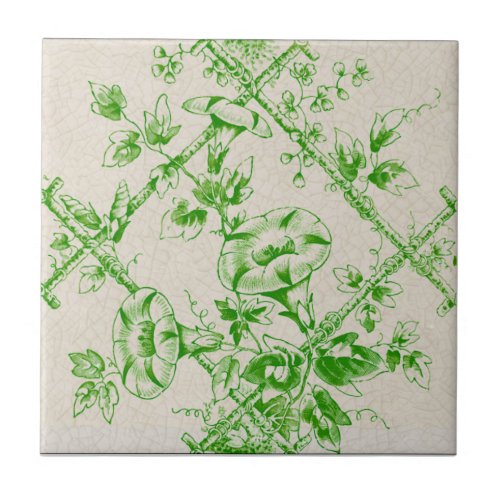 Green Cream Floral Trellis Repro Transferware Ceramic Tile