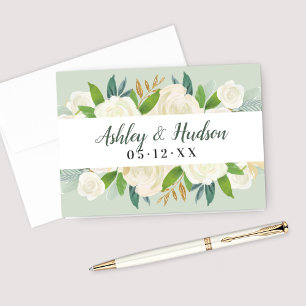 Green Cream Gold Floral Greenery Wedding Monogram Thank You Card