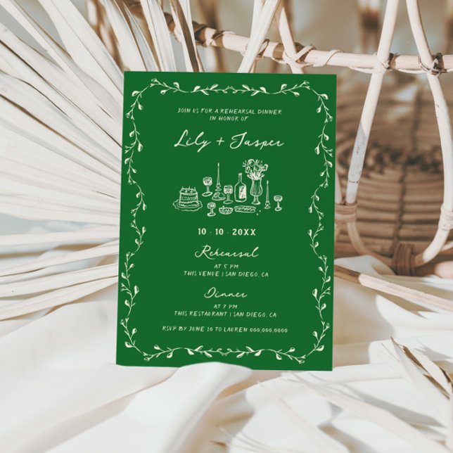 Green Cream Hand Drawn Rehearsal Dinner Invitation (Creator Uploaded)