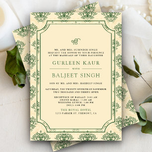 Green Cream Ikat Anand Karaj Sikh Wedding Invitation