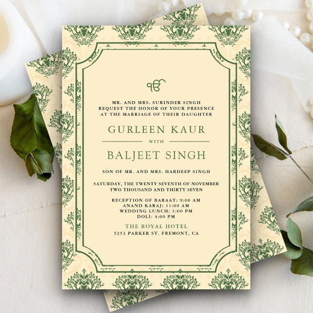 Green Cream Ikat Anand Karaj Sikh Wedding Invitation (Creator Uploaded)