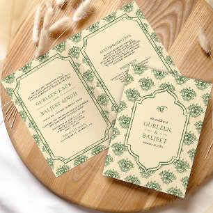 Green Cream Ikat Damask All in One Sikh Wedding Invitation