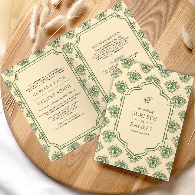 Green Cream Ikat Damask All in One Sikh Wedding Invitation (Creator Uploaded)