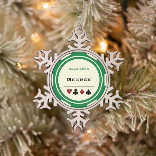Green Cream Las Vegas Casino Poker Chip Christmas Snowflake Pewter Christmas Ornament