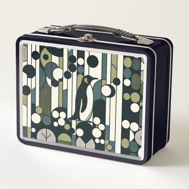 Green Cream Penguin Lost In the Geometry Metal Lunch Box (Front)