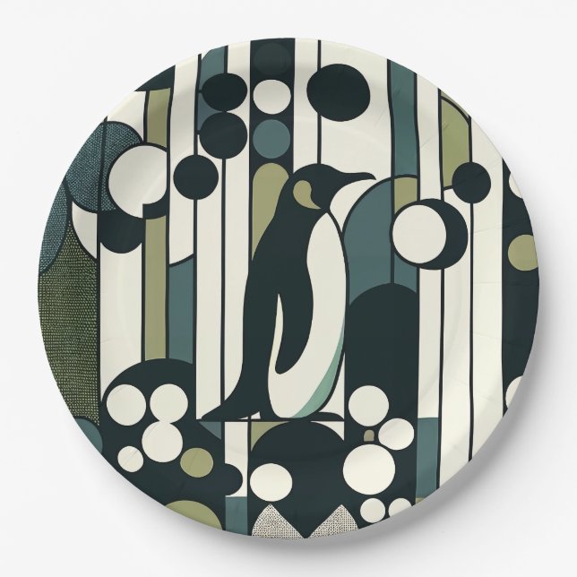 Green Cream Penguin Lost In the Geometry Paper Plates (Front)