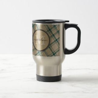 Green Cream Plaid background Monogram Travel Mug