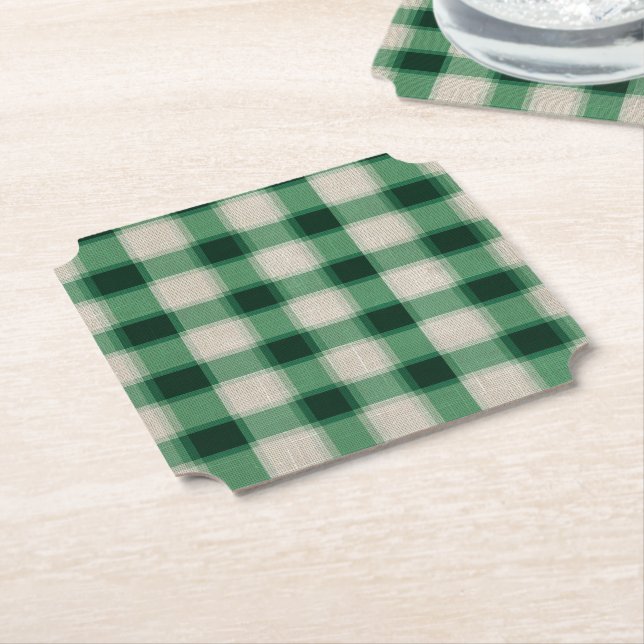 Green Cream Plaid Paper Coaster (Angled)