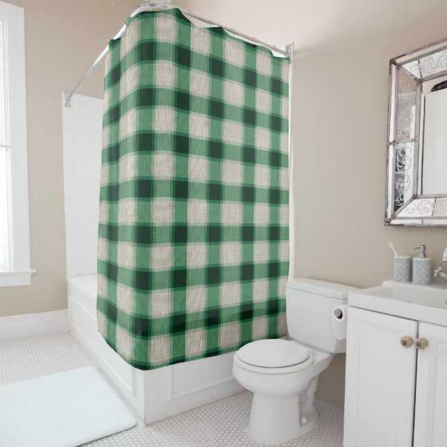Green Cream Plaid Shower Curtain (In Situ)