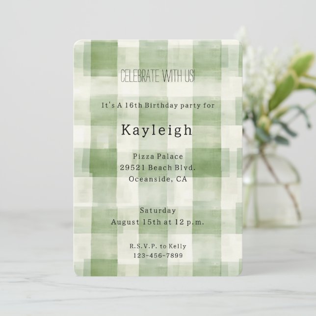 Green Cream Plaid Stripes Birthday   Invitation (Standing Front)