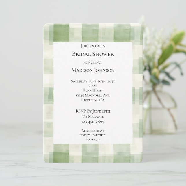 Green Cream Plaid Stripes Bridal Shower Invitation (Standing Front)