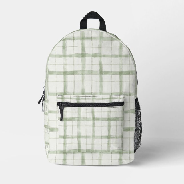 Green Cream Plaid Stripes Printed Backpack (Front)
