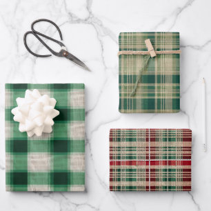 Green Cream Plaid Wrapping Paper Sheets