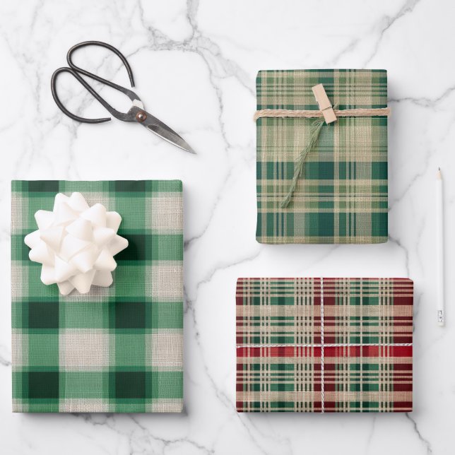 Green Cream Plaid Wrapping Paper Sheets (Front)