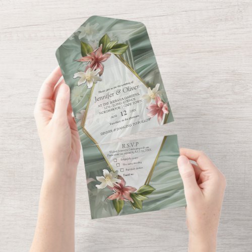 Green Cream Silk Drapes  Pinkish Flowers All In One Invitation