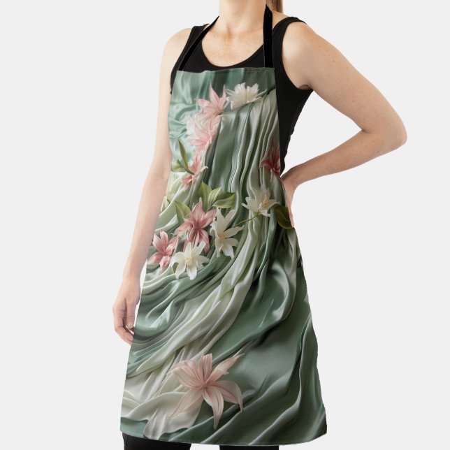 Green, Cream, Silk Drapes & Pinkish Flowers Apron (Insitu)