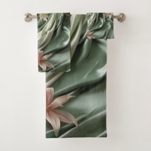 Green, Cream, Silk Drapes & Pinkish Flowers Bath Towel Set