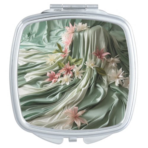 Green Cream Silk Drapes  Pinkish Flowers Compact Mirror