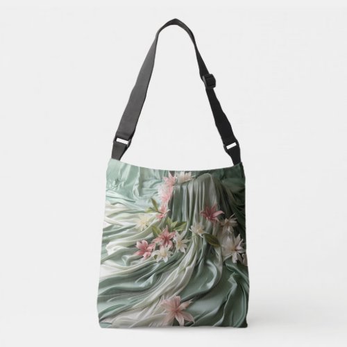 Green Cream Silk Drapes  Pinkish Flowers Crossbody Bag