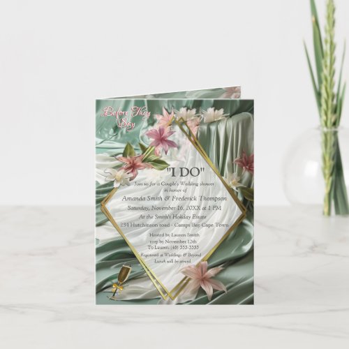 Green Cream Silk Drapes  Pinkish Flowers Invitation