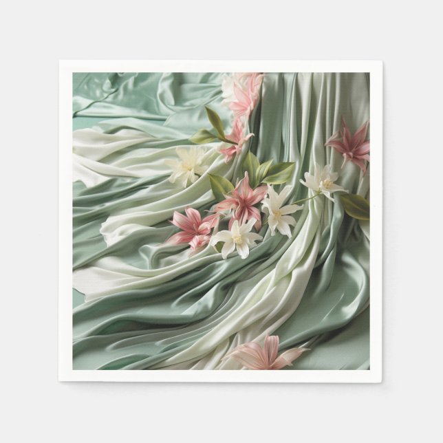 Green, Cream, Silk Drapes & Pinkish Flowers Napkins (Front)