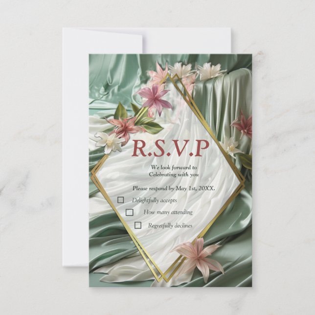 Green, Cream, Silk Drapes & Pinkish Flowers RSVP Card (Front)