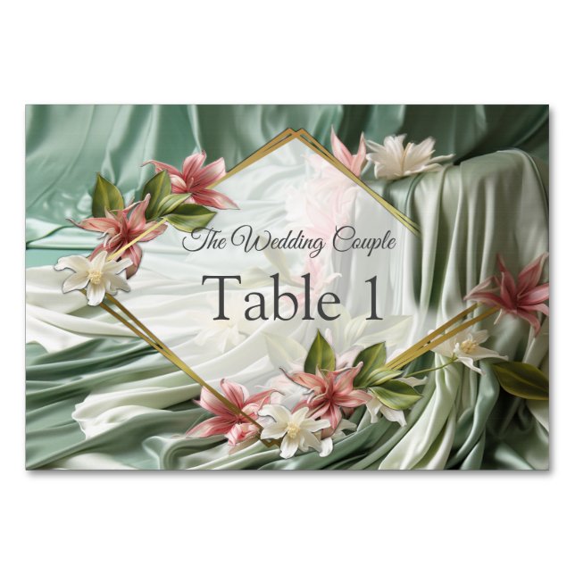 Green, Cream, Silk Drapes & Pinkish Flowers Table Number (Front)