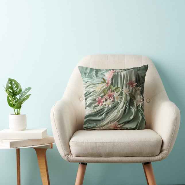 Green, Cream, Silk Drapes & Pinkish Flowers Throw Pillow (Chair)