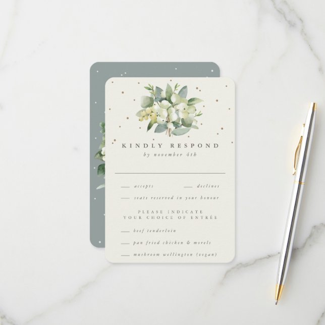 Green/Cream Snowberry+Eucalyptus Bouquet Wedding RSVP Card (Front/Back In Situ)