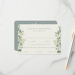 Green/Cream Snowberry+Eucalyptus Edged Wedding RSVP Card