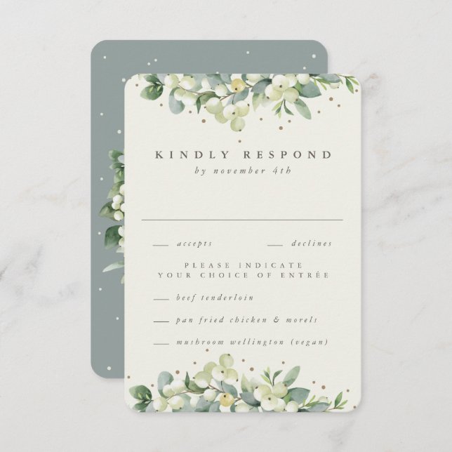 Green/Cream Snowberry+Eucalyptus Edged Wedding RSVP Card (Front/Back)