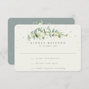 Green/Cream Snowberry+Eucalyptus Stem Wedding RSVP Card
