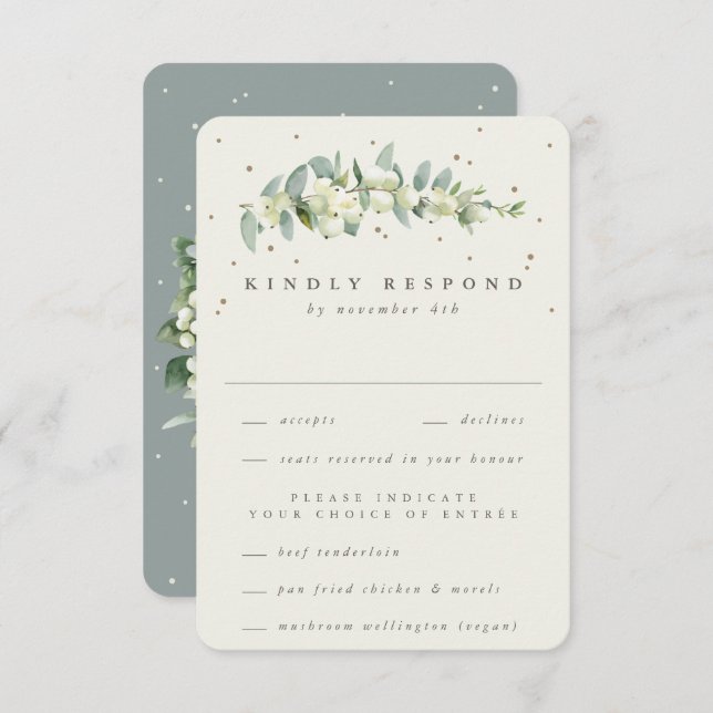 Green/Cream Snowberry+Eucalyptus Stem Wedding RSVP Card (Front/Back)