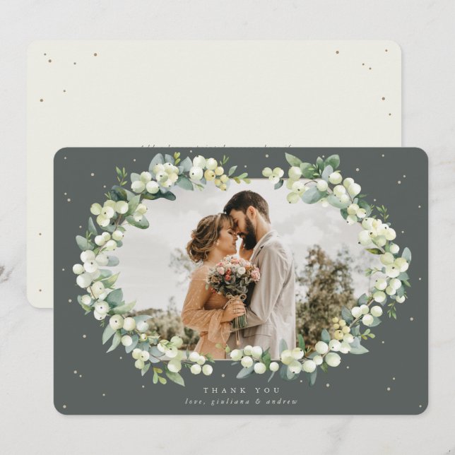 Green/Cream Snowberry+Eucalyptus Wedding Photo Thank You Card (Front/Back)