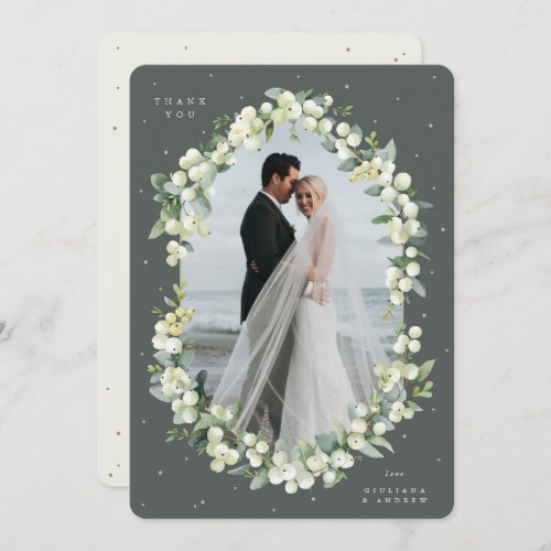GreenCream SnowberryEucalyptus Wedding Photo Thank You Card