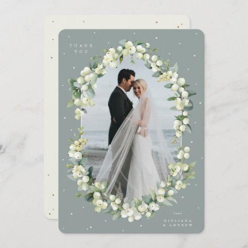 GreenCream SnowberryEucalyptus Wedding Photo Thank You Card