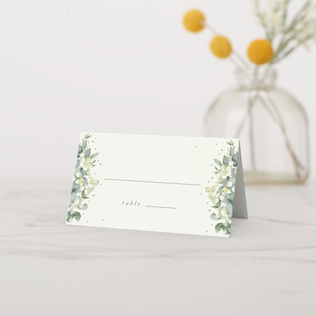 Green/Cream Snowberry + Eucalyptus Wedding Place Card (Front)