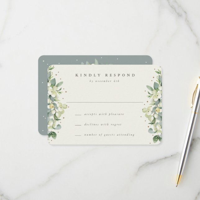 Green/Cream Snowberry+Eucalyptus Wedding RSVP Card (Front/Back In Situ)