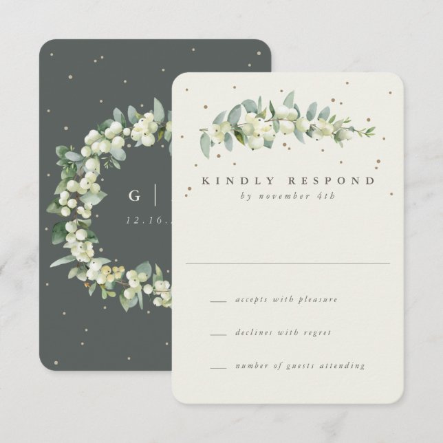 Green/Cream Snowberry+Eucalyptus Wedding RSVP Card (Front/Back)