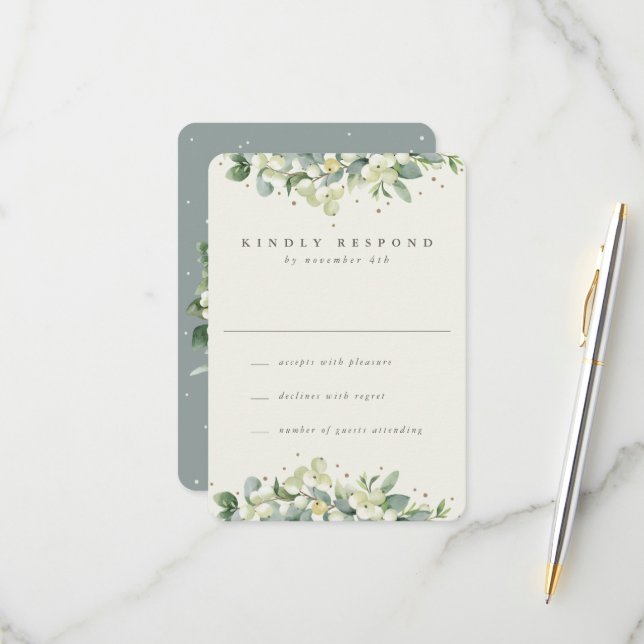 Green/Cream Snowberry+Eucalyptus Wedding RSVP Card (Front/Back In Situ)
